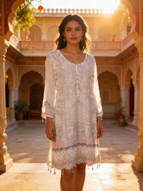 Munira Designer Ivory Embroidered Chiffon Kurta with Pearls and Sequins Medium